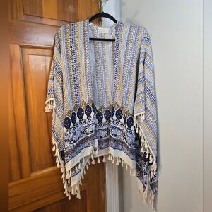 Bobbie Brooks Boho Poncho Open Kimono Blue And Yellow One Size
